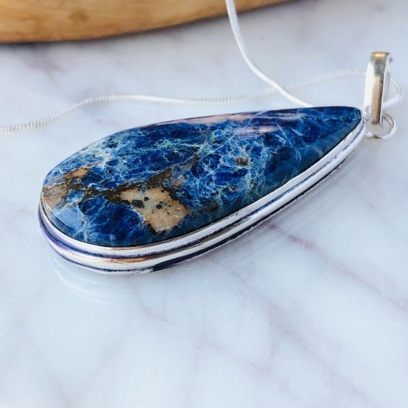 Silver Plated Blue Sodalite Pear Shape Statement Boho Necklace - Picture 6 of 10
